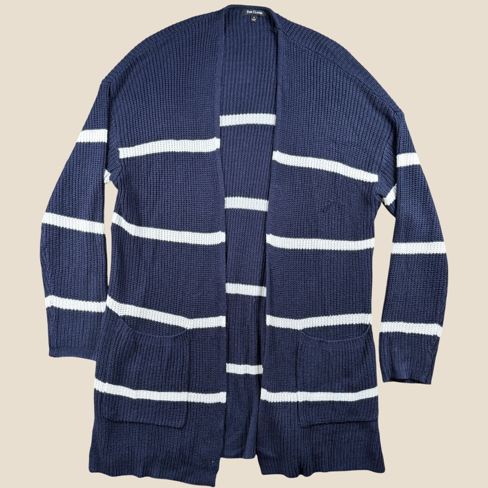 Pink Clover Cardigan Sweater Women XL Navy Blue‎ Striped Open Front Coastal Chic